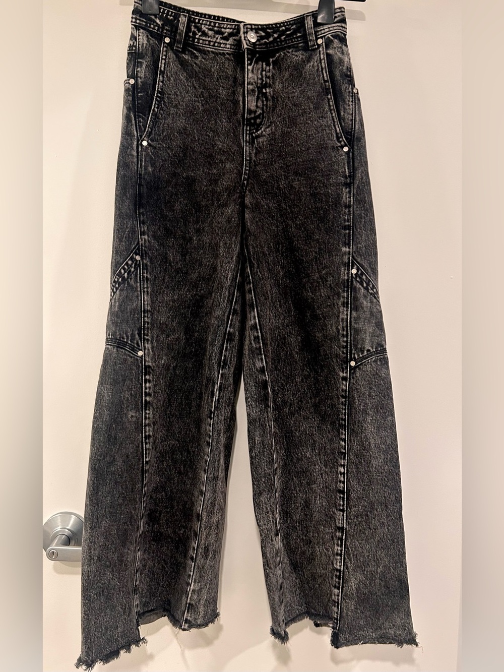 Washed Black Wide-Leg Flare Jeans with Metal Details